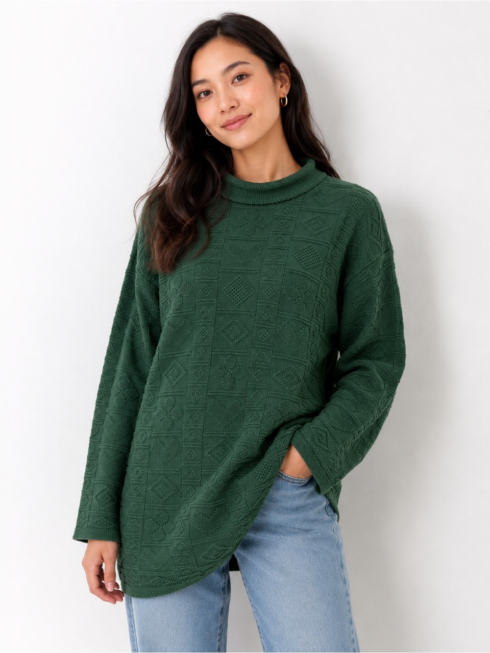 100% Cotton Women's Forest Green Mock Neckโ Textured Sweater M